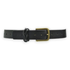 The ADA - TOUGH GUY BELT by ADA is a black handmade genuine Argentinian leather belt with a brass square buckle and multiple adjustment holes, featuring a classic design ideal for casual jeans. Shown laid flat on a white background.