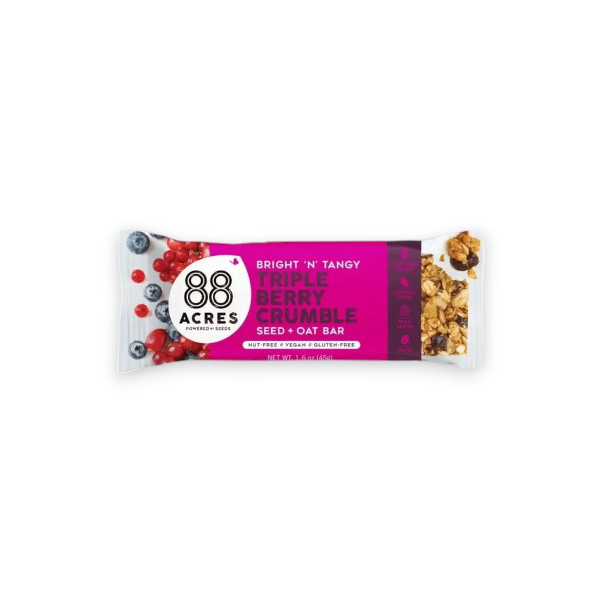 An 88 ACRES - TRIPPLE BERRY CRUMBLE Seed + Oat Bar rests on a light wooden surface, with its package partially open to show a portion of the nut-free and vegan granola bar inside. The packaging is white, featuring a vibrant purple section that displays the product name and various icons.