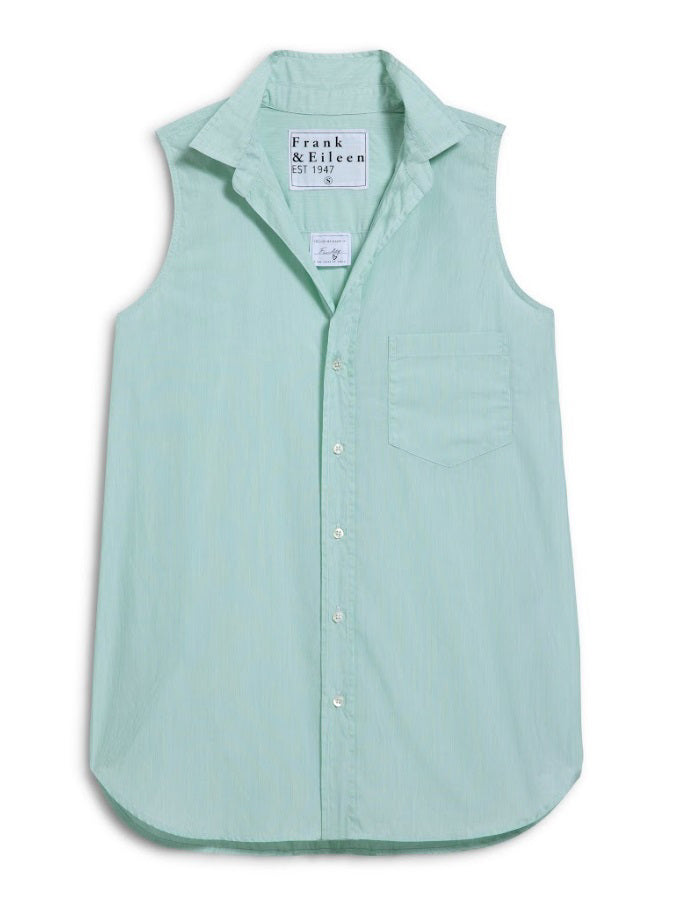 The FRANK &amp; EILEEN Finley Sleeveless Layering Button Up Shirt is a light green, collarless Italian cotton top with a front pocket and inner "Frank &amp; Eileen EST 1947" label, shown laid flat on a white background.