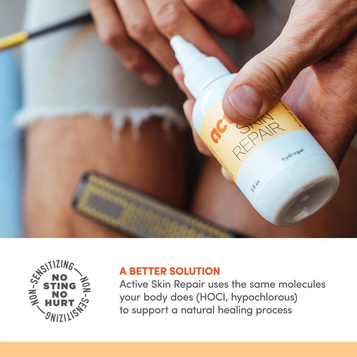 A 3 fl oz white bottle and yellow box of ACTIVE SKIN REPAIR - HYDROGEL by the brand ACTIVE SKIN REPAIR. This medical-grade, sting-free product utilizes hypochlorous (HOCl) to support the body&#39;s natural healing process. The packaging includes text and icons that highlight its usage and benefits.