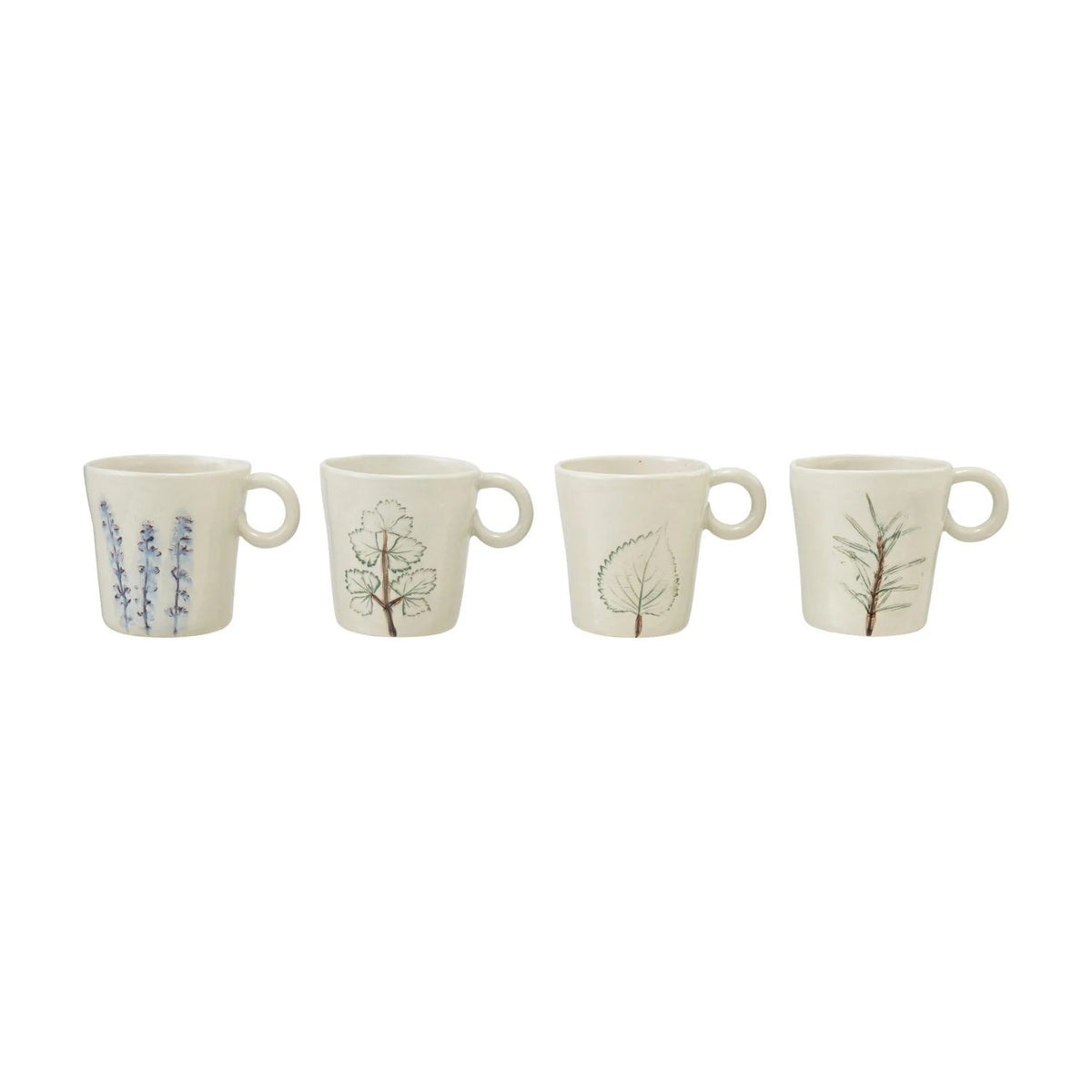 The HAND-PAINTED STONEWARE MUG WITH BOTANICAL DESIGN by CREATIVE COOP features a cream finish, round handle, and three vertical blue and purple lavender sprigs hand-painted on the side.