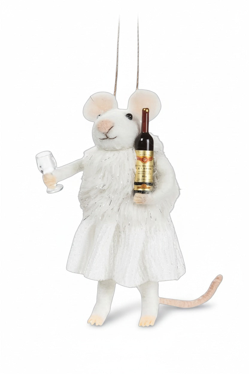 A WINTER MOUSE WITH WINE ORNAMENT by ABBOTT, featuring a felt mouse in a white dress holding a wine bottle in one arm and an empty wine glass in the other.