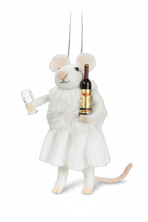 A WINTER MOUSE WITH WINE ORNAMENT by ABBOTT, featuring a felt mouse in a white dress holding a wine bottle in one arm and an empty wine glass in the other.