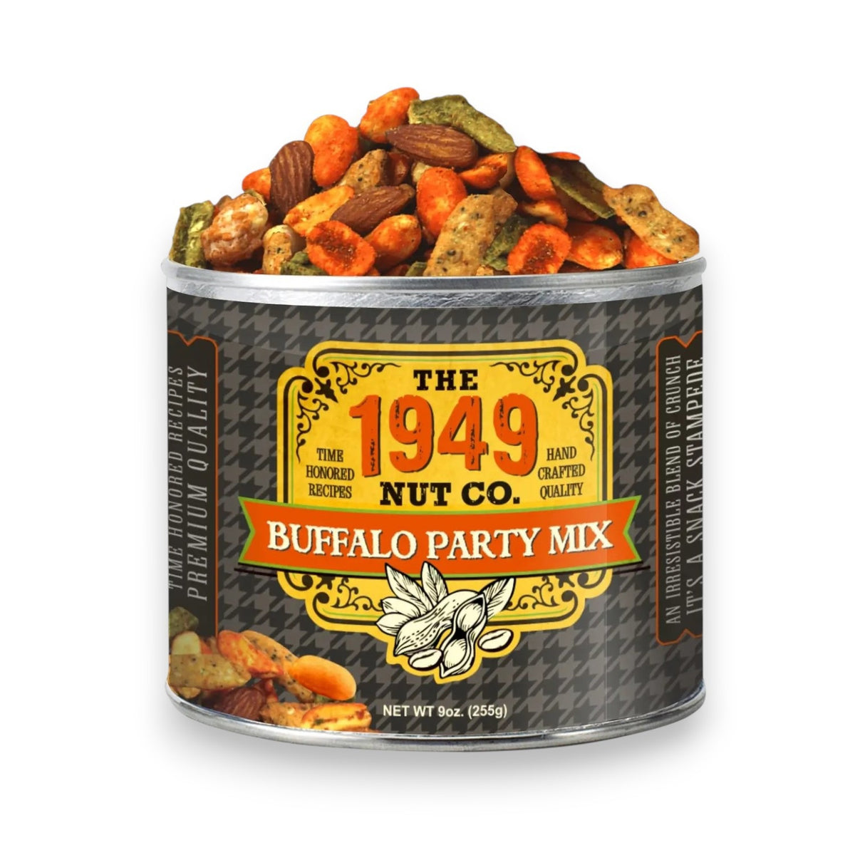 A can of 1949 NUT COMPANY- BUFFALO PARTY MIX by 1949 NUT COMPANY features a savory blend of nuts and snacks, packed in a black and orange can with vintage-inspired text and illustrations. With a net weight of 9 oz (255g), every bite offers the bold flavor of oil roasted peanuts in this unique Buffalo Party Mix.