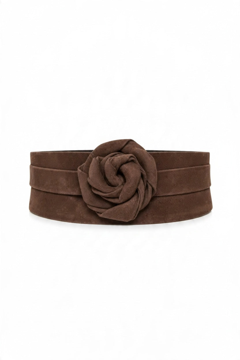 Diagram showing how to tie the ADA - SUEDE WRAP BELT IN CHOCOLATE into rosette, mens tie, cross, ocho, and bow knots.
