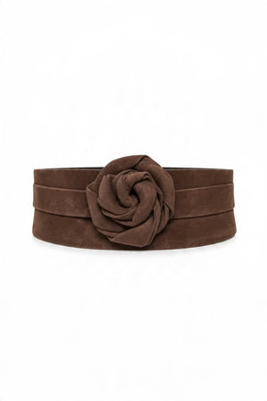 Diagram showing how to tie the ADA - SUEDE WRAP BELT IN CHOCOLATE into rosette, mens tie, cross, ocho, and bow knots.