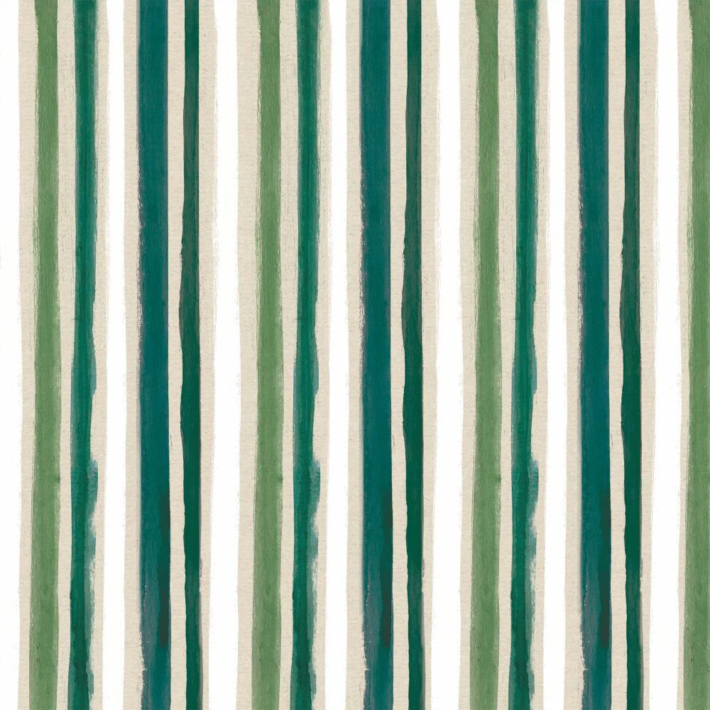 PAPER PRODUCTS DESIGN&#39;s LA LINEA BEVERAGE NAPKINS feature abstract, hand-painted look stripes in green and teal on white—perfect for festive or naturally bleached holiday table settings.