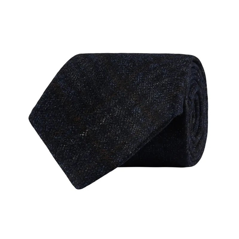 A rolled-up checked navy wool tie from Amanda Christensen, crafted from luxurious Italian wool, displayed against a plain white background.