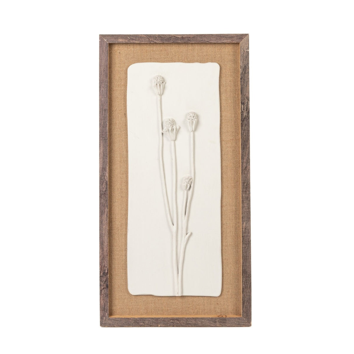 The CREATIVE COOP WOOD FRAMED PLASTER CAST BOTANICAL WITH JUTE MAT features four raised flower stems on a rectangular white panel, adding botanical wall art charm to any room.