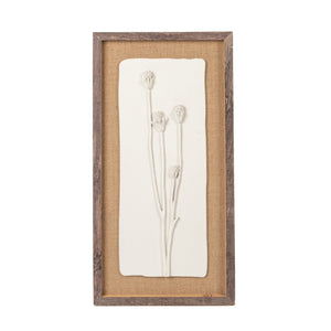 The CREATIVE COOP WOOD FRAMED PLASTER CAST BOTANICAL WITH JUTE MAT features four raised flower stems on a rectangular white panel, adding botanical wall art charm to any room.