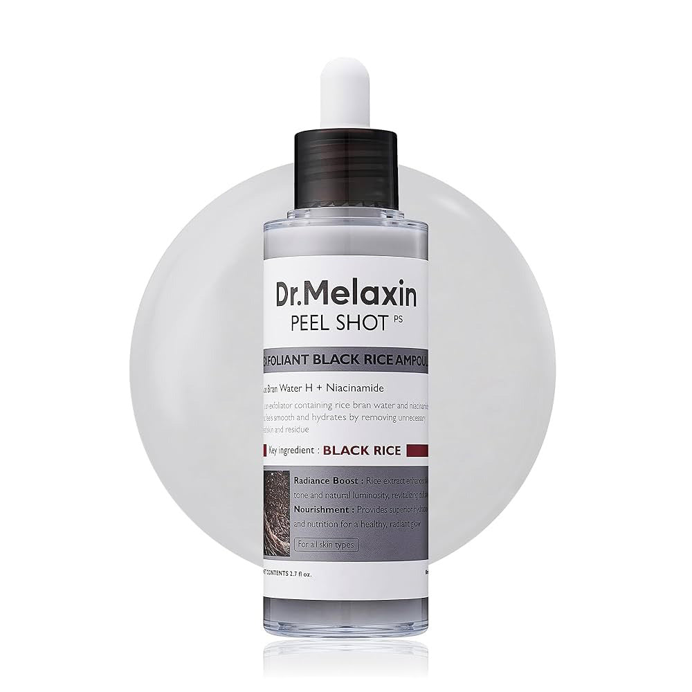 A clear bottle of KOSMIC KBEAUTY SKINCARE DR MELAXIN - PEEL SHOT GLOW BLACK RICE AMPOULE with a dropper cap is shown in front of a large, semi-transparent white circle background.