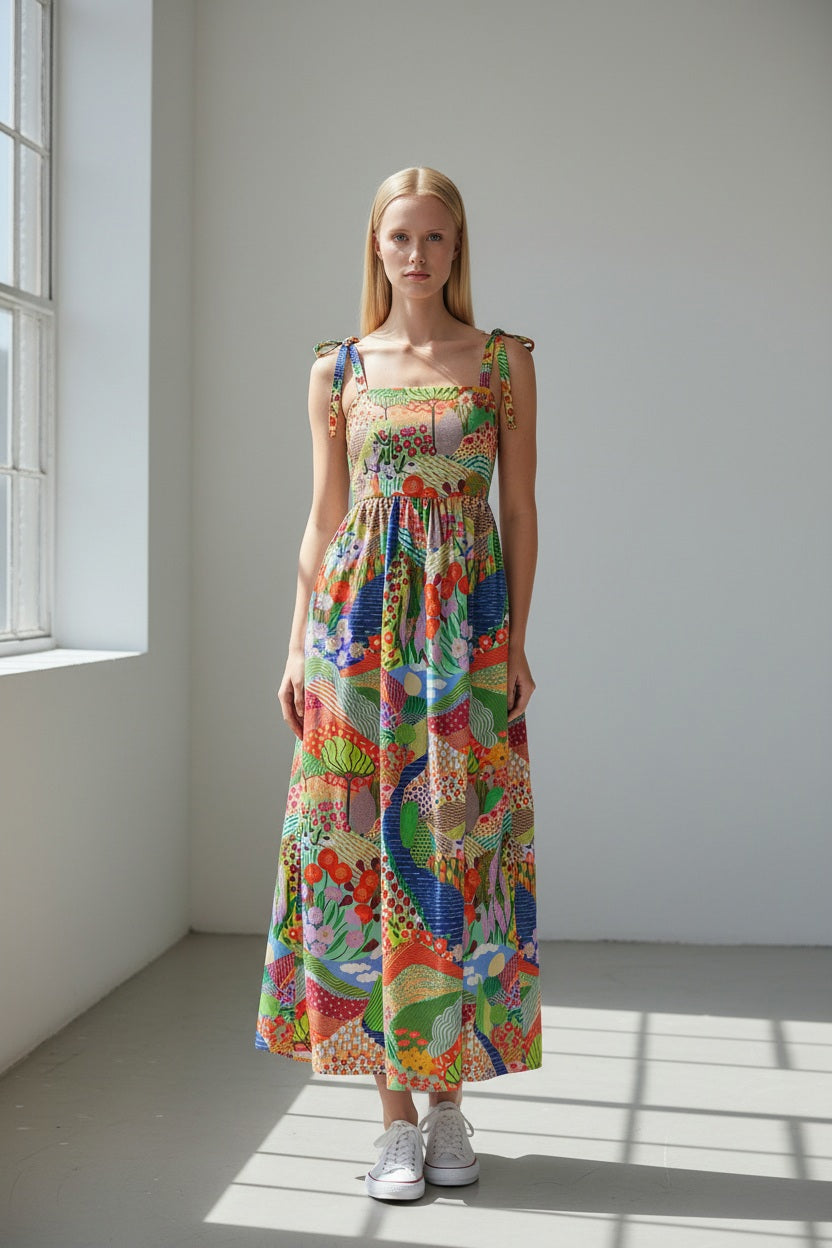 A woman with straight blond hair wears the MIRTO 1956 Multicolor Print Maxi Dress with vibrant patchwork and shoulder ties, paired with red open-toe heels, standing against a plain white background.