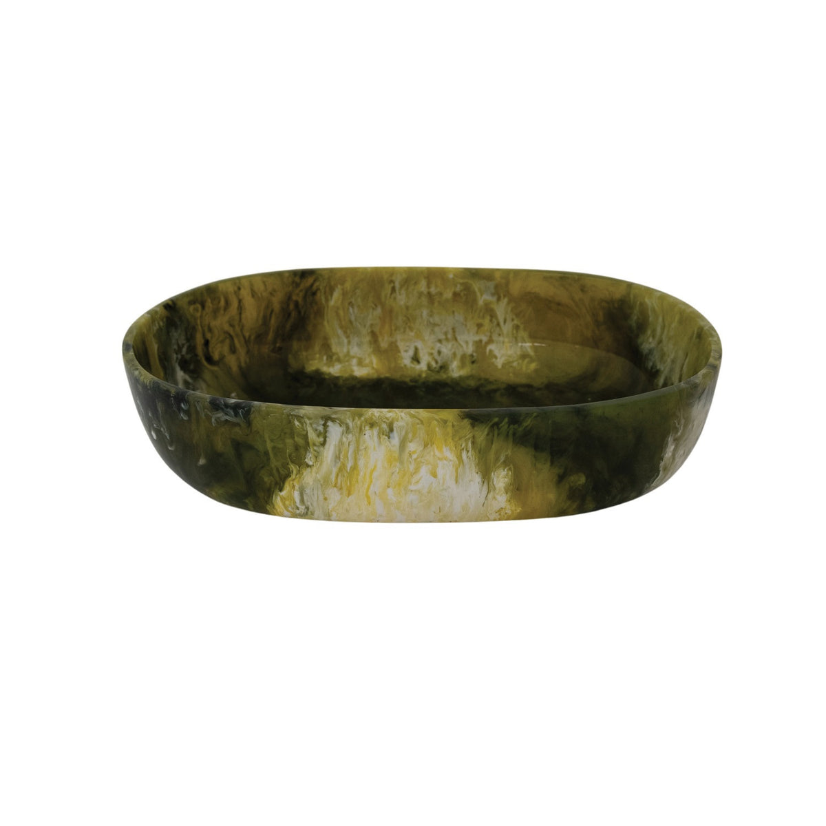 The GREEN MARBLED RESIN BOWL by CREATIVE COOP features an oval shape and a glossy marbled pattern in dark green, yellow, and white—ideal as a modern accent piece for your space.
