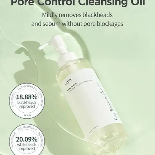 A clear pump bottle of ANUA - PORE CLEANSING OIL HEARTLEAF OIL WASH 200ML by ASIAN BEAUTY WHOLESALE is displayed beside its white box, with a small pool of light yellow cleansing oil visible in the background.