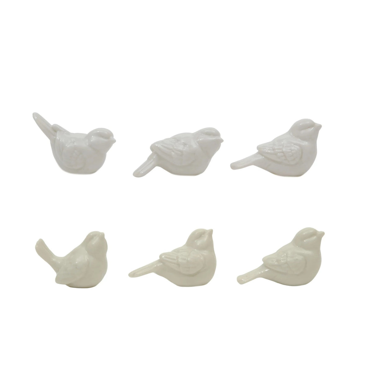 Six CREATIVE COOP 2.5&quot; CERAMIC BIRD figurines, smooth and white, sit with slightly raised heads in two rows of three against a plain background.