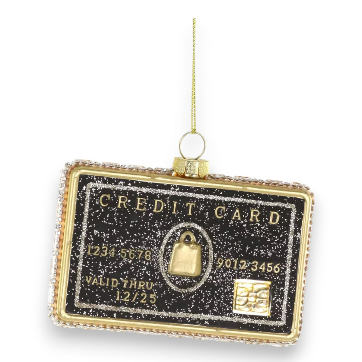The CODY FOSTER BLACK CREDIT CARD is a 3.5-inch glass Christmas tree ornament, shaped like a black and gold glittery credit card with raised numbers, a chip, and a gold hanging string.
