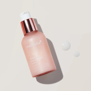 A pink MEDICUBE Triple Collagen Serum bottle on a peach background promises a glass glow. It highlights Hydrolyzed Collagen for moisture, Atelo Collagen for reducing wrinkles, and Soluble Collagen for enhanced skin elasticity and firmness. Brand: Asian Beauty Wholesale.