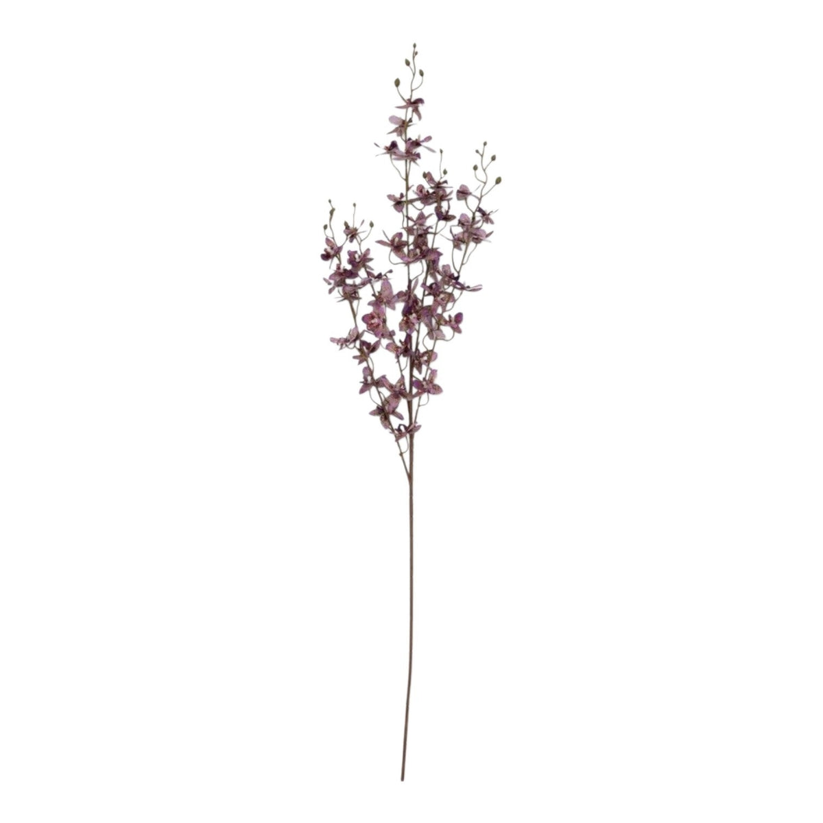 The ABIGAIL AHERN ONCIDIUM ORCHID is a single artificial stem featuring sparse small purple flowers and buds on delicate branches, presented against a plain white background.