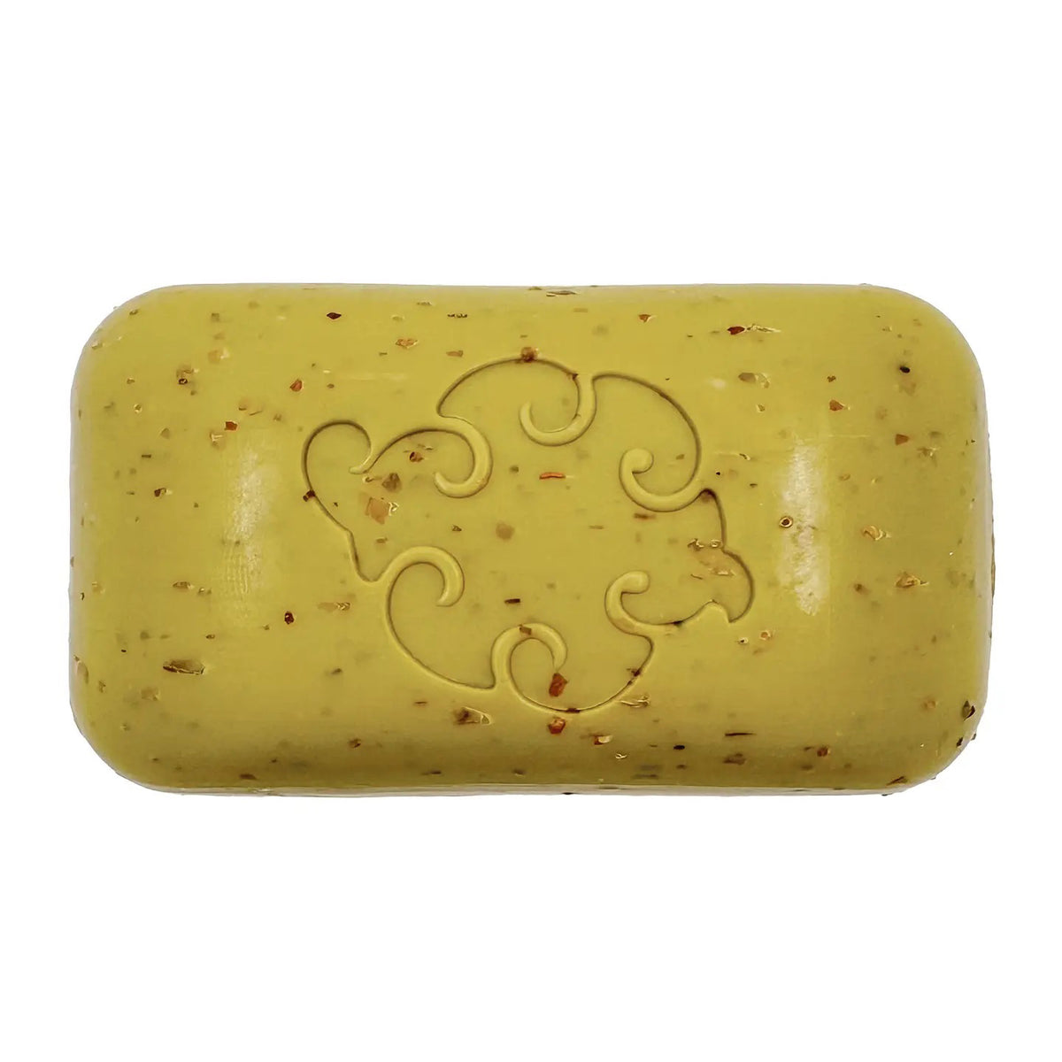 The BAUDELAIRE See Loofa Bath Soap 5oz is a rectangular beige bar with seaweed powder speckles and an elegant floral center, ideal for exfoliation and a refreshing cleanse.
