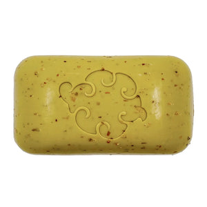 The BAUDELAIRE See Loofa Bath Soap 5oz is a rectangular beige bar with seaweed powder speckles and an elegant floral center, ideal for exfoliation and a refreshing cleanse.