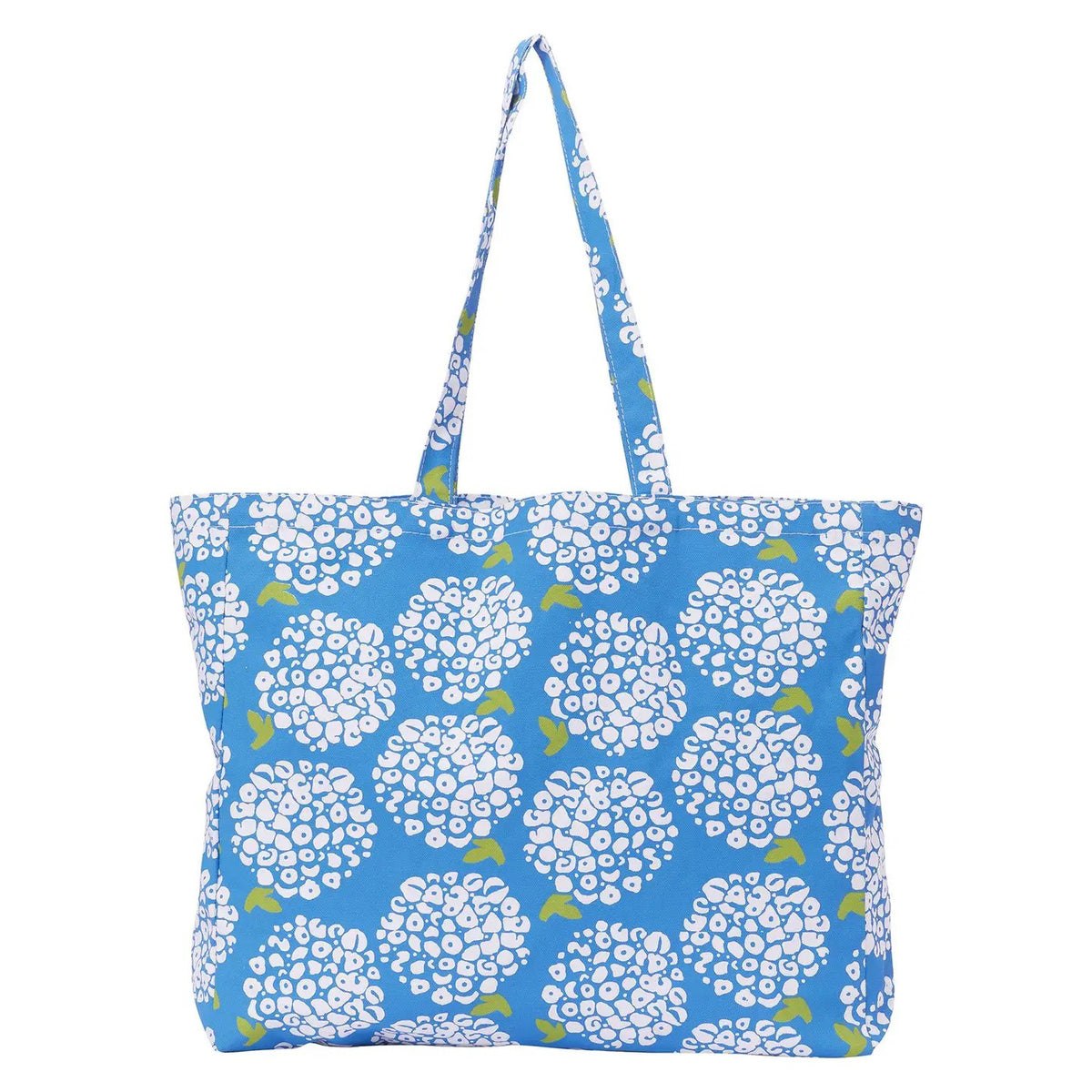 Carry your essentials in the ROCKFLOWERPAPER - HYDRANGEA LITTLE SHOPPER BAG, a stylish blue cotton canvas tote adorned with white hydrangeas and green leaves—an ideal grab-and-go accessory by ROCKFLOWERPAPER.