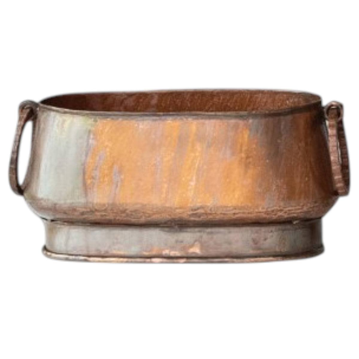 The OVAL METAL PLANTER WITH RING HANDLES, SMALL by CREATIVE COOP features a vintage oval design with ring handles and a charming, aged copper finish—an ideal accent for farmhouse decor.