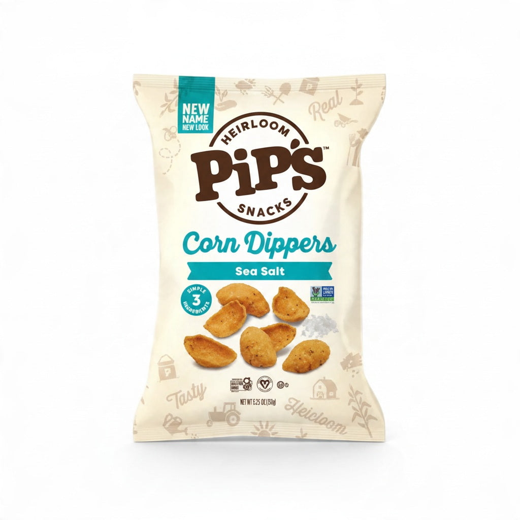 PIPCORN - SEA SALT CORN DIPPERS shown alongside their previous packaging design.