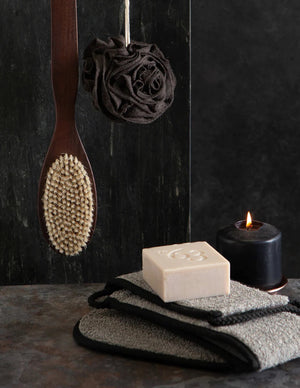 The BAMBOO CHARCOAL BACK SCRUBBER by EUROPEAN SOAPS, LLC is a rectangular, grey synthetic cleaning cloth with black trim. It is folded over and features black looped handles on both ends for an easy grip during use. The texture of the cloth appears to be suitable for gentle cleaning or polishing dead skin cells away.