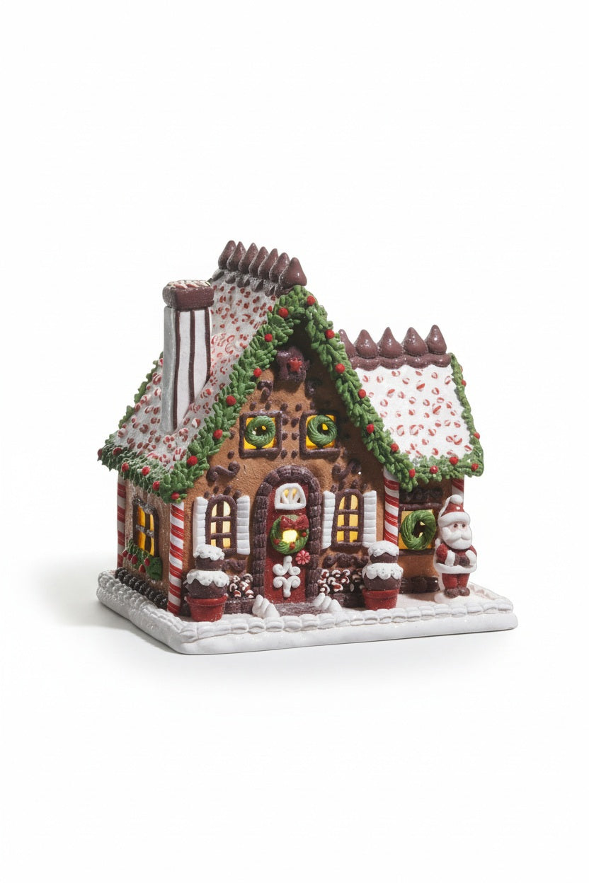 A battery-operated, lighted LIGHTED CHOCOLATE FROSTED GINGERBREAD HOUSE by RAZ IMPORTS, decorated with chocolate frosting, candy canes, wreaths, and a standing Santa figure.