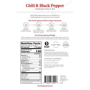 Image of a snack packaging featuring the brand "PURELY SPROUTED" and the product "CHILI & BLACK PEPPER SPROUTED SNACK MIX." Descriptions include benefits such as being nutrient-dense, plant-based, gluten-free, and vegan. The mix consists of sprouted nuts and seeds like almonds, cashews, pumpkin seeds, and various seasonings.