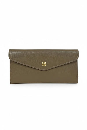 LE BORSETTE LEATHER ENVELOPE STYLE WALLET IN DARK TAUPE made of Italian leather with a gold snap closure.