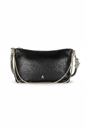 The CRAIE STUDIO - MALLOW BUBBLE NOIR HANDBAG features black bubble leather, a luxurious gold zipper, and an elegant gold chain strap. Displayed against a white background, this chic piece from CRAIE STUDIO adds sophisticated style to any outfit.