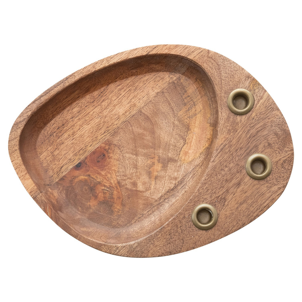 The CREATIVE COOP Mango Wood and Metal Taper Holder with Tray features an oval mango wood base, three round brass inlays, and a shallow recessed area—ideal for displaying candles or your favorite decor.