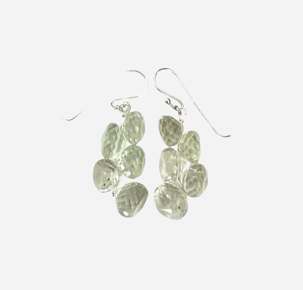 The ANN LIGHTFOOT - FACETED ONION CUT GREEN QUARTZ DROP EARRINGS feature dangling faceted gemstones in clusters. Each earring has five oval stones, including onion-cut green quartz, hanging elegantly from sterling silver hooks on a plain white backdrop.