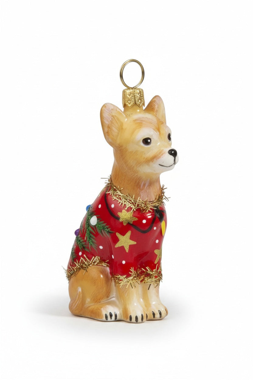UGLY CHRISTMAS SWEATER CHIHUAHUA ORNAMENT featuring a handmade glass tan chihuahua wearing a red sweater decorated with yellow stars and a green pine branch.