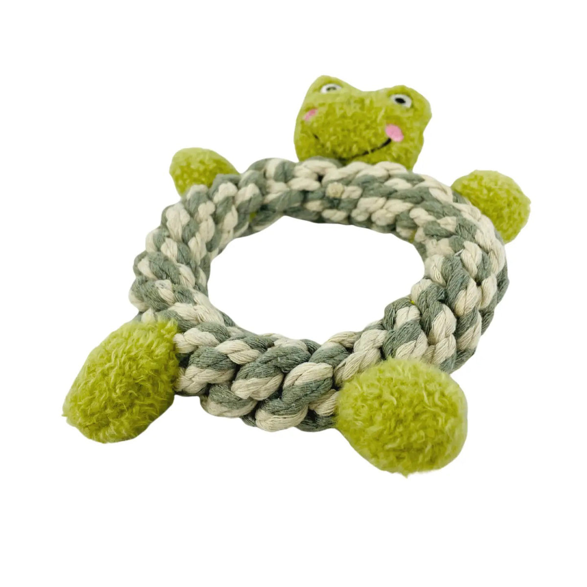 The KNOTTY PAWS - ECO FROG SQUEAKY TOY by KNOTTY PAWZ is a green and beige braided rope toy shaped like a turtle, featuring a round body, plush head and limbs, sustainable materials, and an eco-friendly smiling face with small eyes and rosy cheeks.