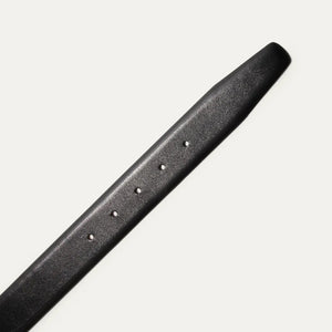 A close-up of the WILL LEATHER GOODS - GLAZED CALFSKIN BELT IN BLACK showcases its black glazed calfskin and five adjustment holes, set against a white background.