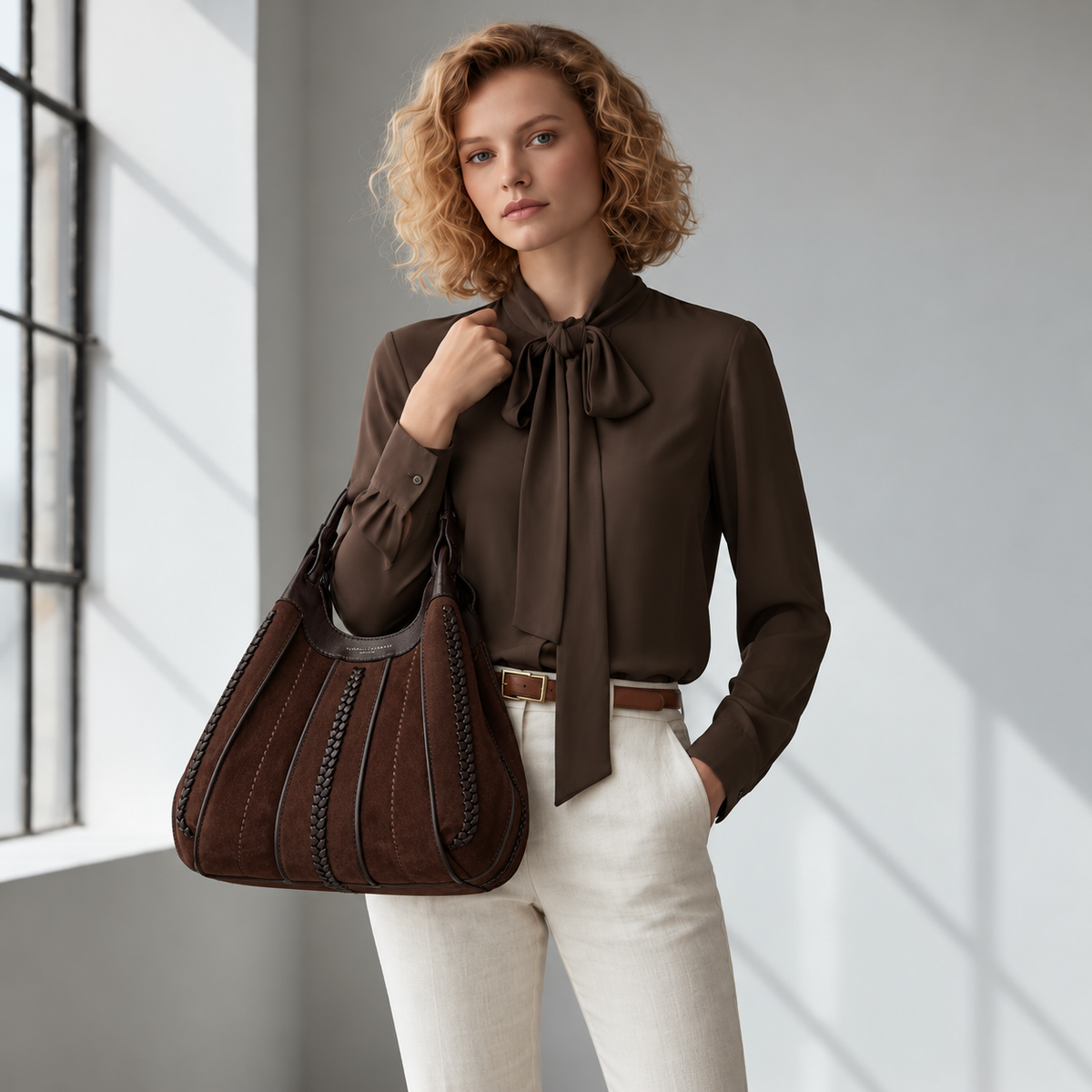 A woman wears a brown tie-neck blouse and white trousers while carrying a brown suede hobo bag with braided detailing.