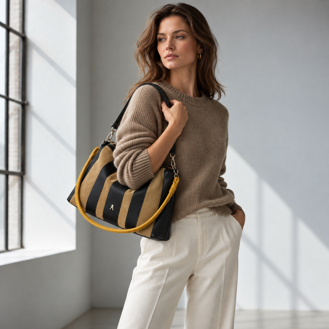A woman wearing a tan sweater and white trousers carries a black and tan striped shoulder bag with yellow straps.