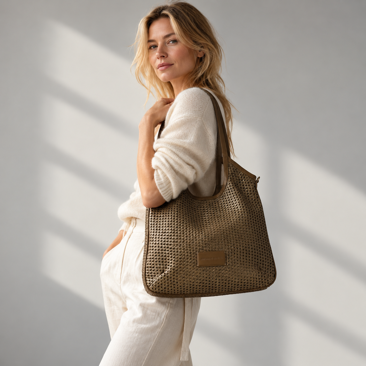 A woman in a cream sweater carrying a brown woven tote bag over her shoulder.