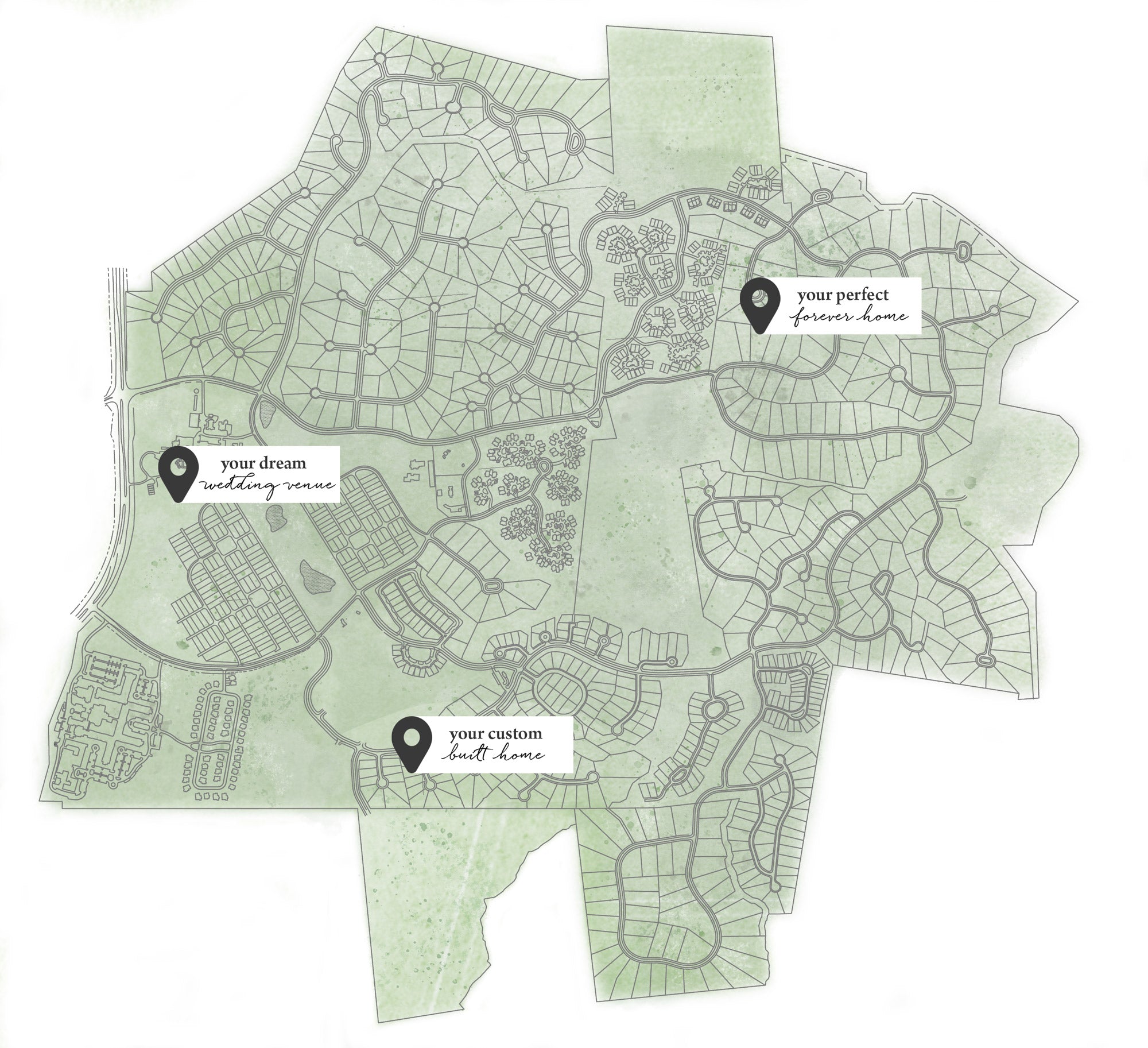 A map of a residential area with three labeled pins: “your dream residence venue,” “your custom Smith home,” and “your perfect Johnson home,” each placed in different neighborhoods.