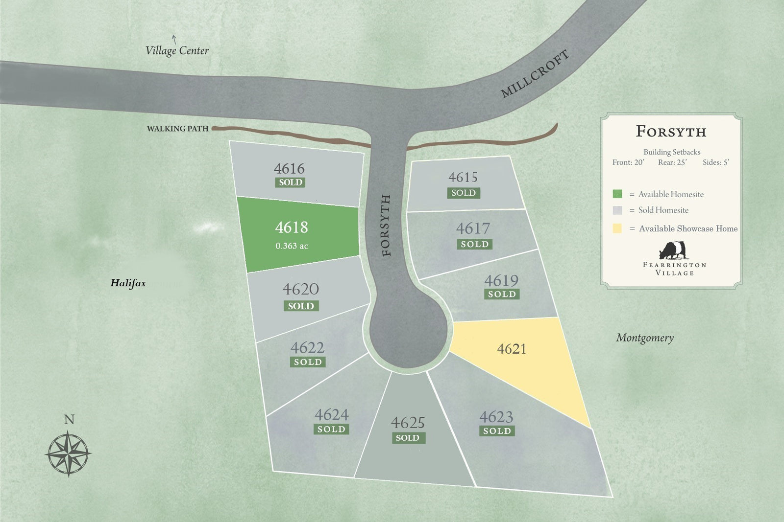 A site map of Forsyth at Fearrington Village shows lots on a cul-de-sac; sold lots are labeled, one available lot (4618) is shaded green, and one available showcase home (4621) is shaded yellow. Paths and roads are labeled.