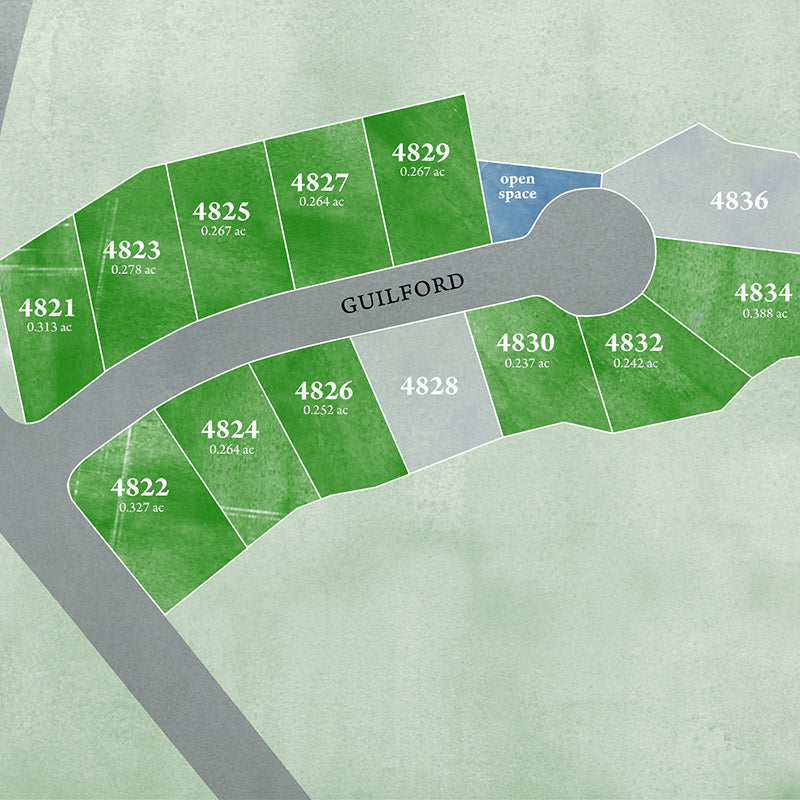 A site map of a cul-de-sac named Guilford shows numbered lots (4821–4836) with varying acreages, plus a labeled area called "open space" near lot 4829. Lots are shaded green or pale gray.