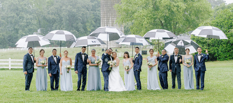 A wedding party stands on grass holding black-and-white umbrellas. The bride and groom are in the center, surrounded by bridesmaids in light blue dresses and groomsmen in dark suits. Green trees and a fence are in the background.