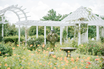 A lush garden with blooming yellow and orange flowers, a birdbath, and a leafy topiary sculpture. In the background, there are white pergolas and trellises draped with climbing plants.