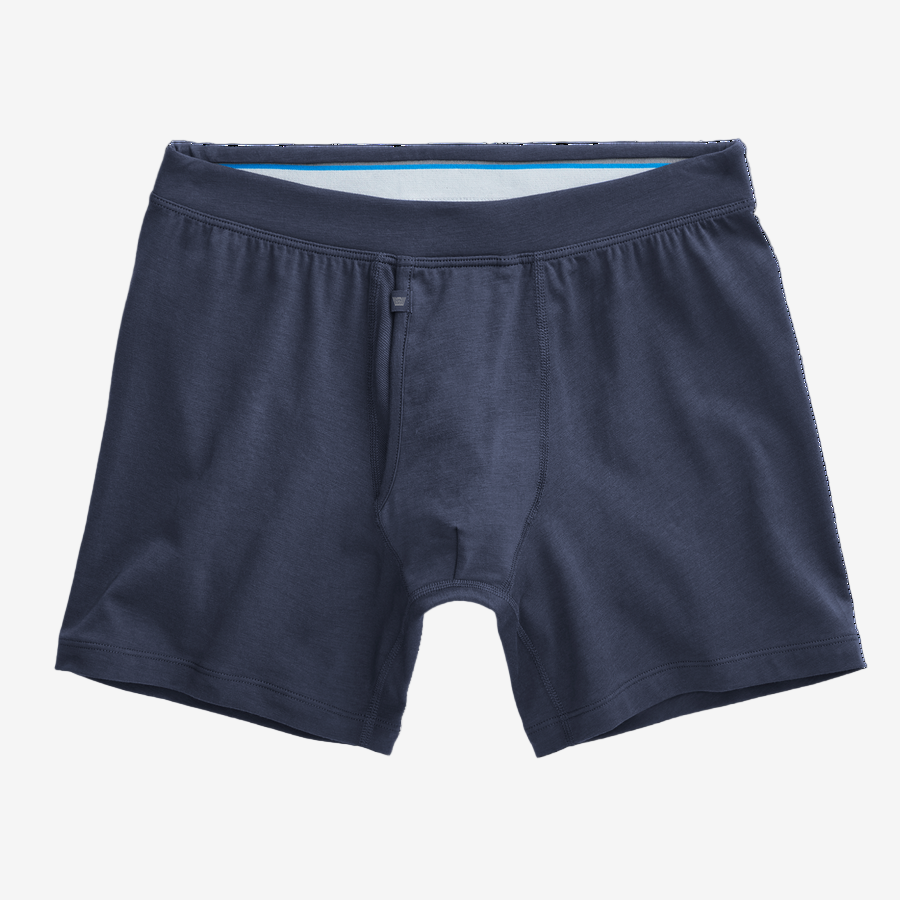 A pair of dark blue men's boxer briefs with a visible fly and an elastic waistband, displayed on a plain white background.