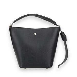 The LE BORSETTE FIRENZE Convertible Leather Handbag is crafted from black textured Italian leather with a single top handle, curved silhouette, gold-tone hardware, flap snap closure, and a side buckle strap, shown against a white background.