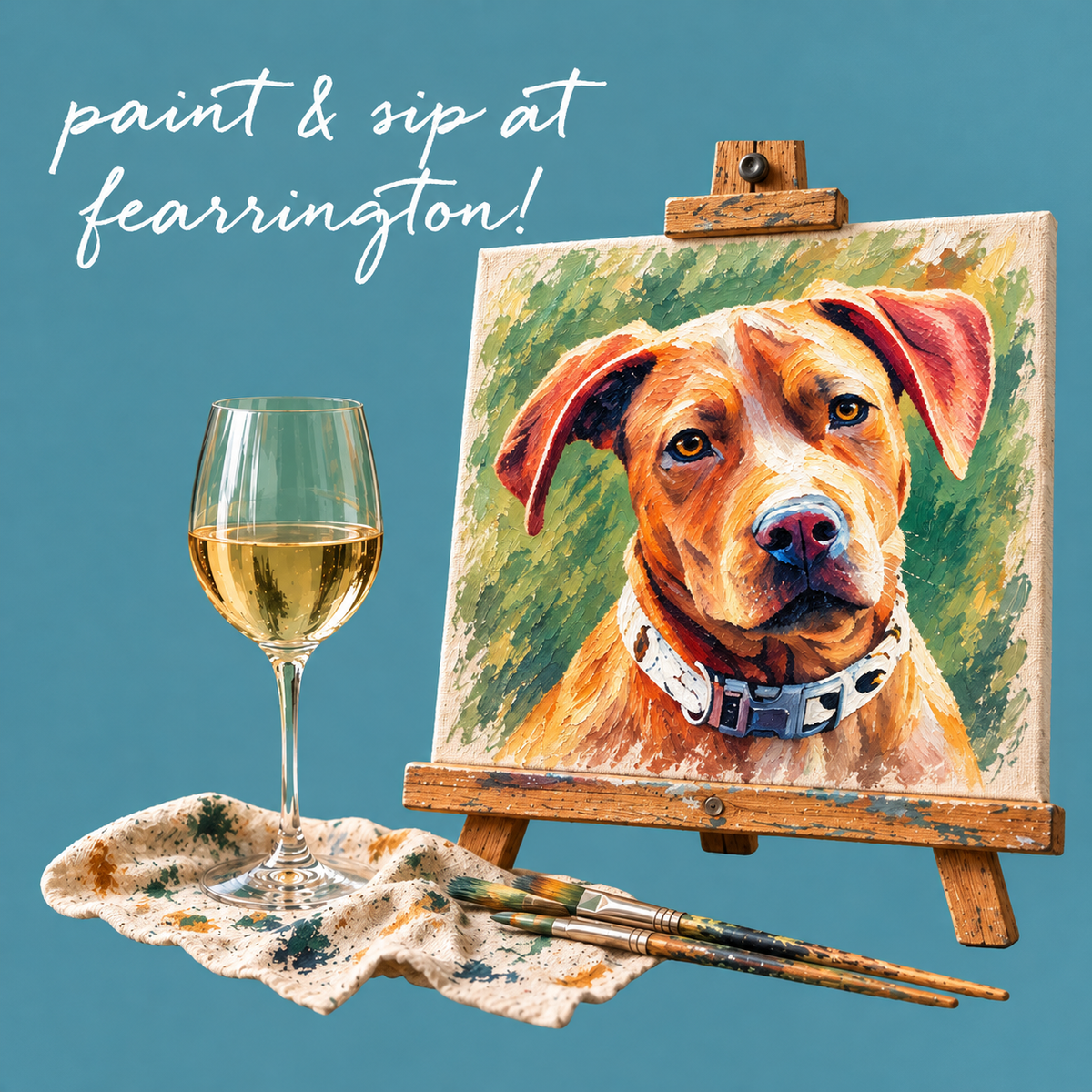 Guests seated at a table enjoy the PAINT & SIP EVENING AT FEARRINGTON by FEARRINGTON VILLAGE, with blank canvases, paint palettes, brushes, paper cups, and a glass of white wine on the table.