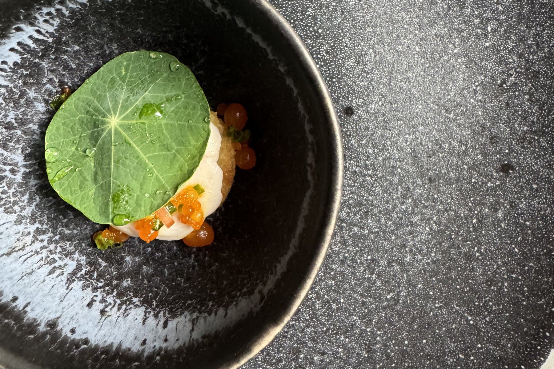A black bowl with a small, artfully plated dish featuring a single green leaf on top of a portion of seafood, garnished with orange fish roe and herbs, set against a speckled dark background.