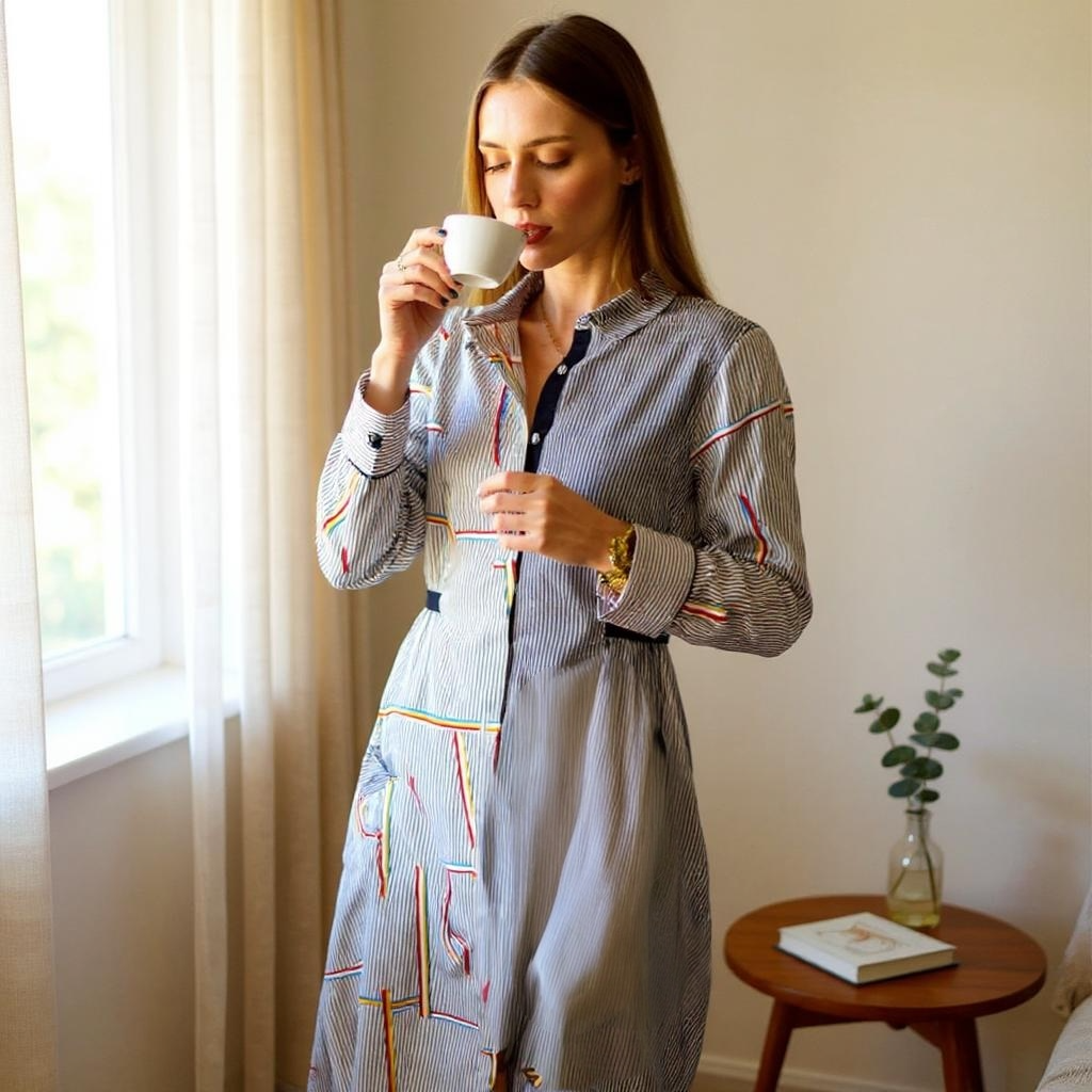 A woman in a striped dress stands by a window, sipping from a small white cup. She has long, straight hair and is near a round wooden table with a plant and a closed book on it. Light curtains filter sunlight into the room.